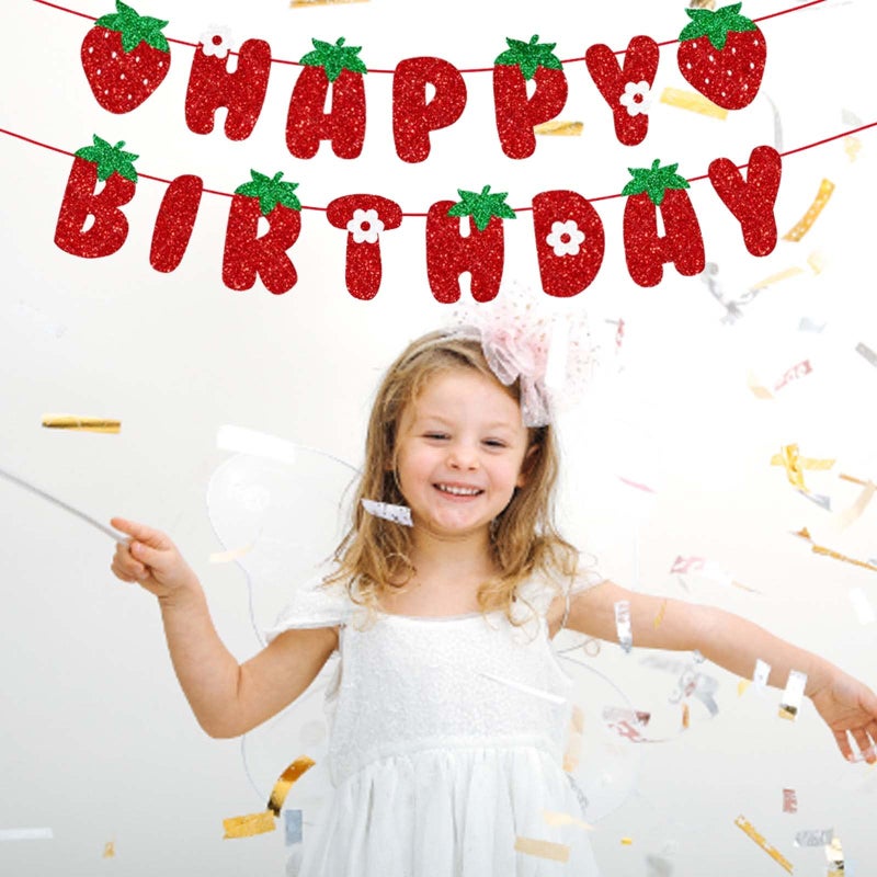 BIEUFBJI Strawberry Happy Birthday Banner, Glitter Strawberry Banner, Strawberry Theme Birthday Garland for Birthday Party Hanging Decorations - Image 3